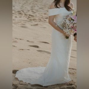 David’s bridal off the shoulder wedding dress (BHLDN for visibility)